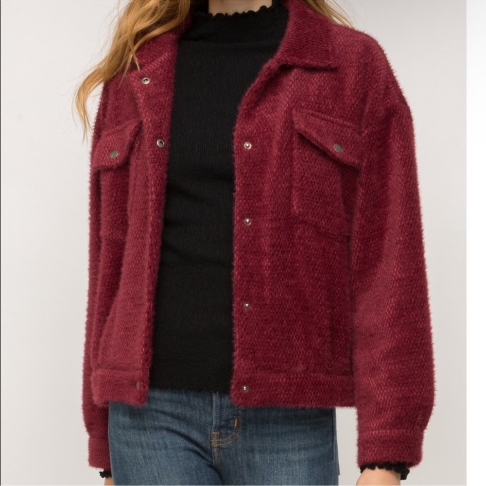 Women's Fuzzy Burgundy Trucker Jacket